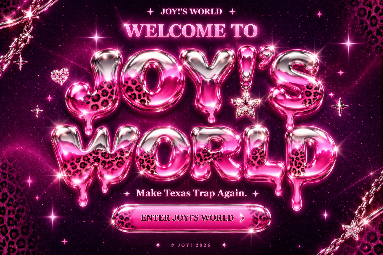 Welcome to JOY!'S WORLD. Pink and silver chrome letters with leopard print and sparkling chains.